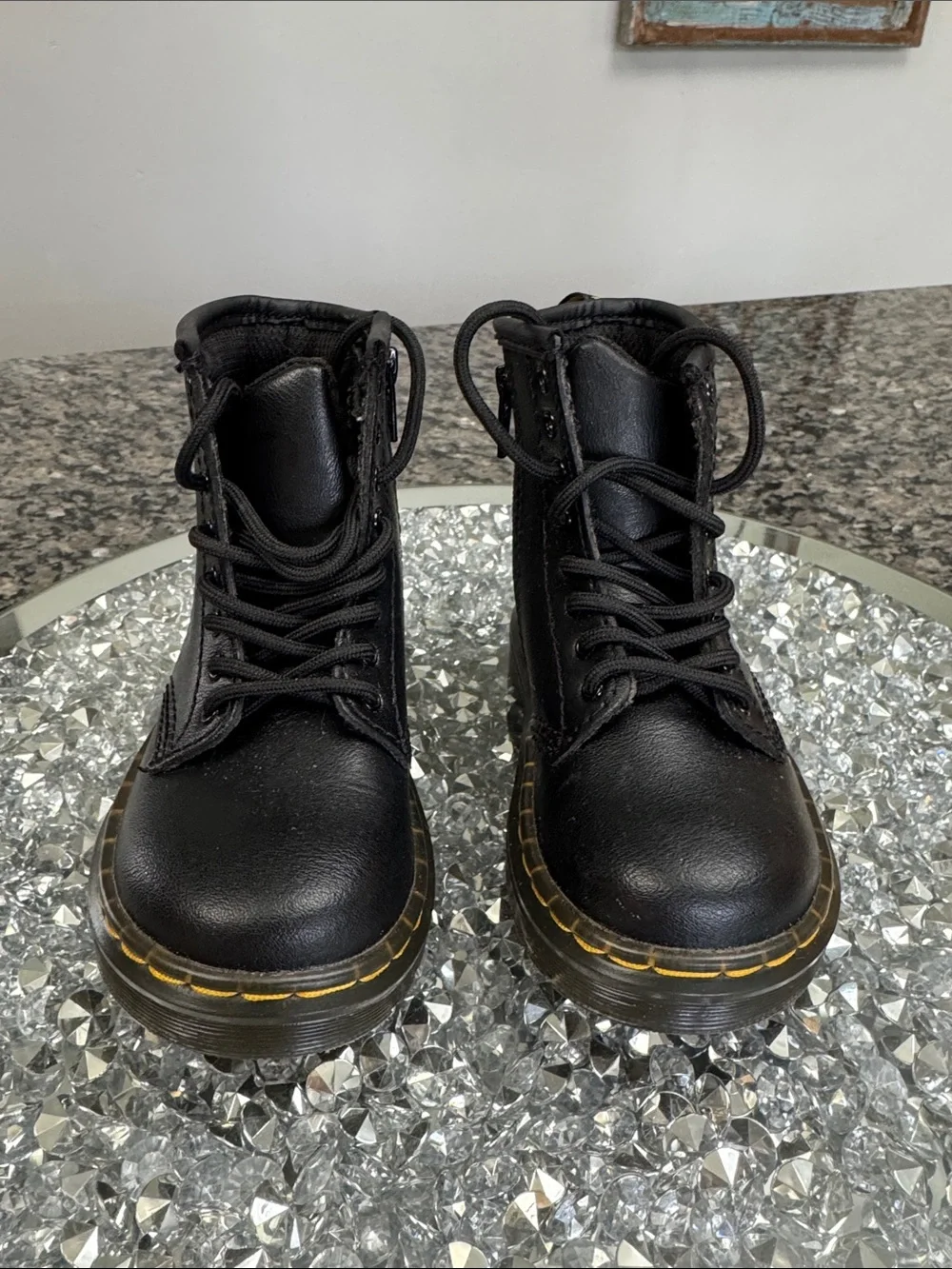 Dr. Martens Black Leather Lace-Up Boots with Yellow Accents EUC 7 toddler